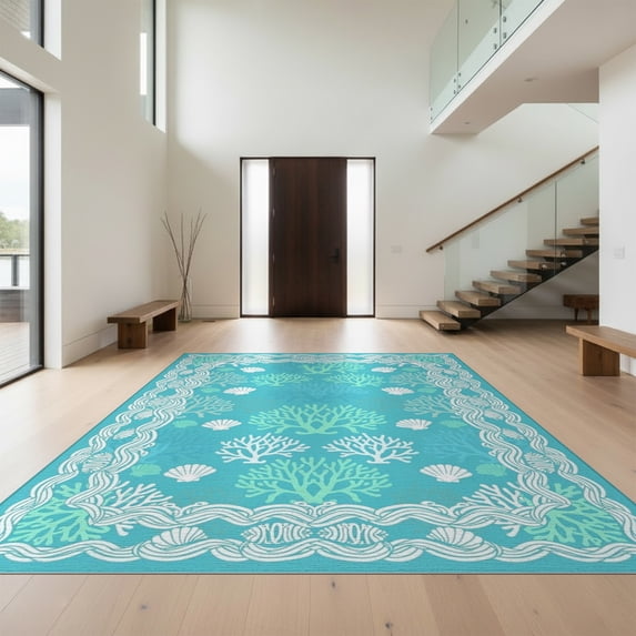 Design&I 5'x7' Washable Area Rug Flatweave & Daily Traffic Ready Fish Underwater Interlocking Ocean Motif Featuring Navy Beachy for Guest Room, Lounge, Apartment