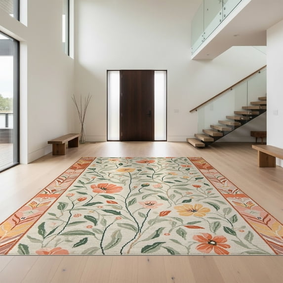 Design&I 5'x7' Washable Area Rug Flatweave & Daily Traffic Ready Funky Abstract Occult Botanical Oversized Petals Curling Stems for Guest Room, Lounge, Apartment