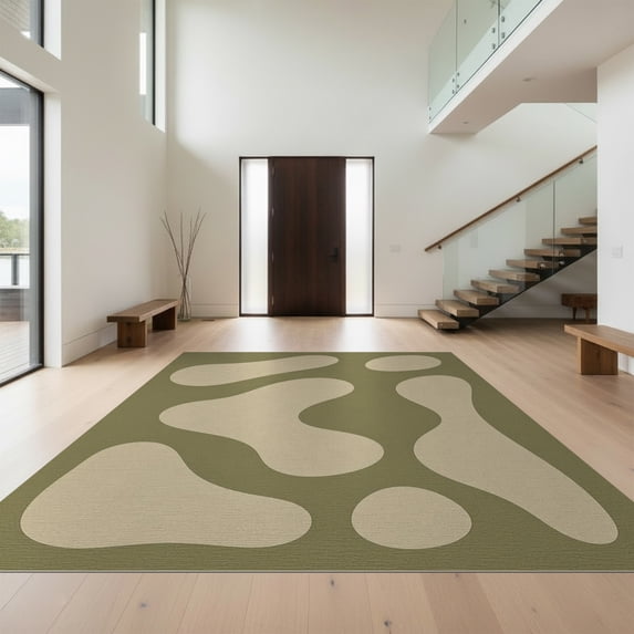 Design&I 5'x7' Washable Area Rug Flatweave & Daily Traffic Ready Olive Beige Abstract Shapes Design Elegant Contemporary Artistic for Modern for Guest Room, Lounge, Apartment