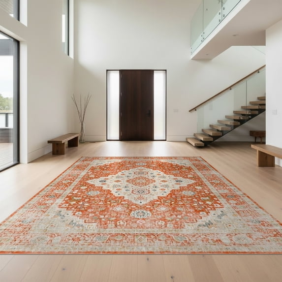 Design&I 5'x7' Washable Area Rug Flatweave & Daily Traffic Ready Orange Terracotta Burnt Print Ornamental Border Vintage Retro for Guest Room, Lounge, Apartment