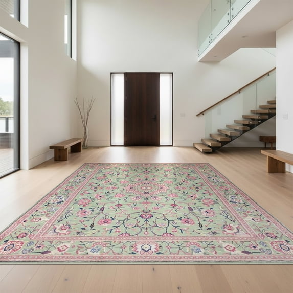 Design&I 5'x7' Washable Area Rug Flatweave & Daily Traffic Ready Oushak Floral Medallion With Scrolling Vine And Botanical Border for Guest Room, Lounge, Apartment