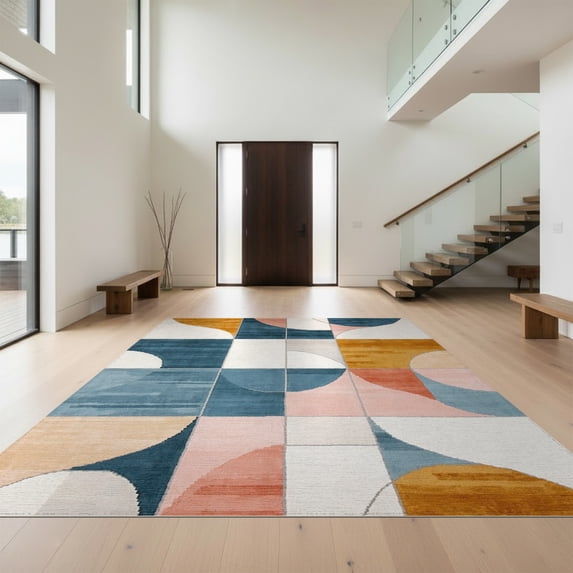 Design&I 5'x7' Washable Area Rug Flatweave & Daily Traffic Ready Patchwork Contemporary Abstract Geometric Block Large Patterned for Guest Room, Lounge, Apartment