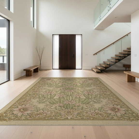 Design&I 5'x7' Washable Area Rug Flatweave & Daily Traffic Ready Plant Vintage Abstract Botanical Boho Scroll Motif Southwestern for Guest Room, Lounge, Apartment