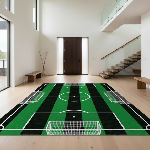 Design&I 5'x7' Washable Area Rug Goal Net Grid Pitch Stripe Door Center Markings Soccer Field Refined Structured for Small Living Room, Bedroom, Sleek Flatweave Pet Friendly & Non-Slip