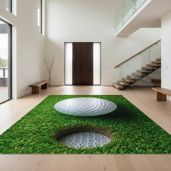 Design&I 5'x7' Washable Area Rug Golf Ball Sport Design With Bold Realistic Dimple And Tee Accents for Guest Room, Lounge, Apartment, Flatweave & Daily Traffic Ready