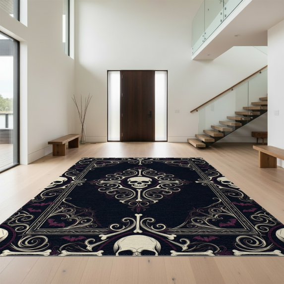 Design&I 5'x7' Washable Area Rug Halloween Plum Ivory Symmetrical Skull Decorative Large Cover for Dining Room, Under Table, Home Office, Snag-Free, Skid-Resistant