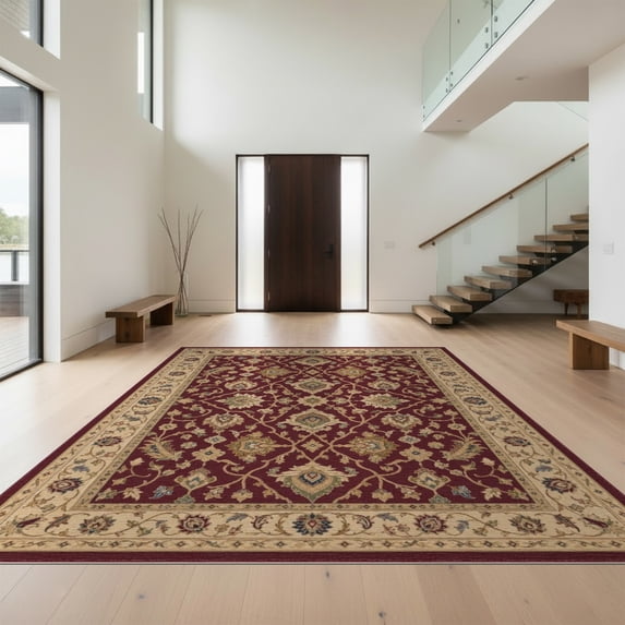 Design&I 5'x7' Washable Area Rug Ivory Rich Burgundy with Ornate Floral Motifs Traditional Design for Small Living Room, Bedroom, Sleek Flatweave Pet Friendly & Non-Slip