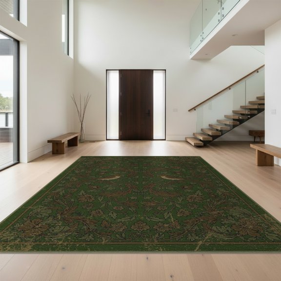 Design&I 5'x7' Washable Area Rug Moody Botanical Bird Vintage Border Whimsical Foliage Scroll for Guest Room, Lounge, Apartment, Flatweave & Daily Traffic Ready
