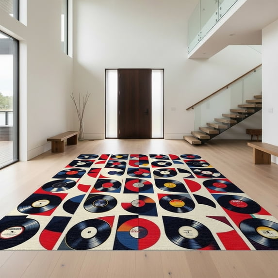 Design&I 5'x7' Washable Area Rug Music Vinyl Cd Record Retro Disc Grid Interlocking Soundwave for Guest Room, Lounge, Apartment, Flatweave & Daily Traffic Ready