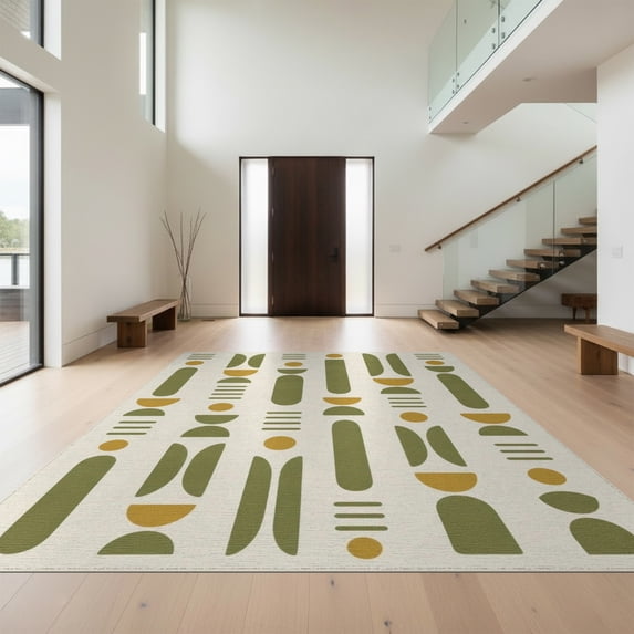 Design&I 5'x7' Washable Area Rug Olive Mustard Geometric Design Abstract Shapes with Modern for Small Living Room, Bedroom, Sleek Flatweave Pet Friendly & Non-Slip