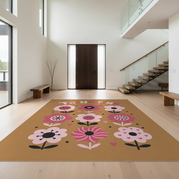 Design&I 5'x7' Washable Area Rug Pink Blossoming Garden Floral Array Design Charming of Stylized Flowers and Hearts for Guest Room, Lounge, Apartment, Flatweave & Daily Traffic Ready