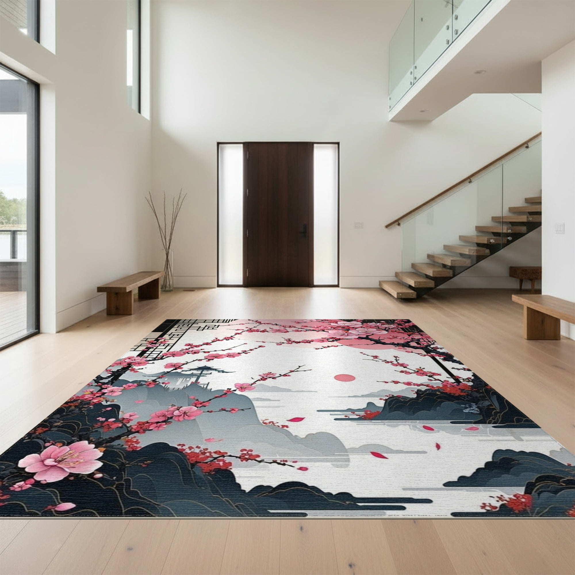 Healthy Design Frame Design&I 5'x7' Washable Area Rug Pink Cherry Blossom Botanical Accent ...