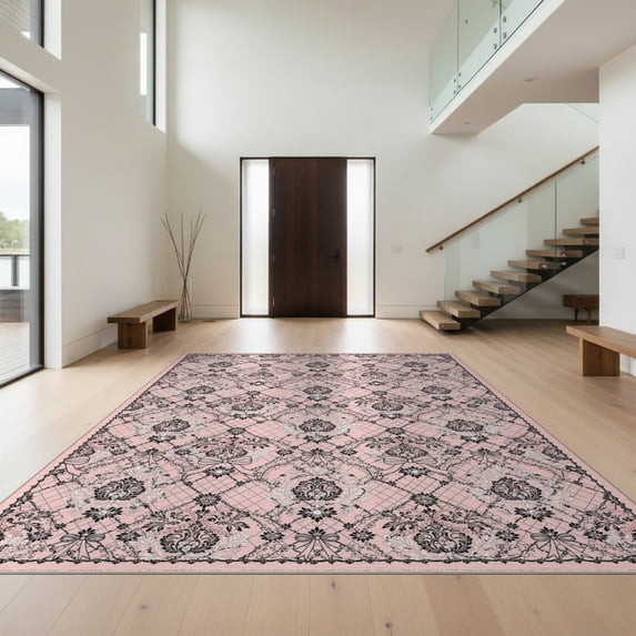 Design&I 5'x7' Washable Area Rug Pink Symmetrical Ornamental Blush Crisp Detailing Decorative for Guest Room, Lounge, Apartment, Flatweave & Daily Traffic Ready
