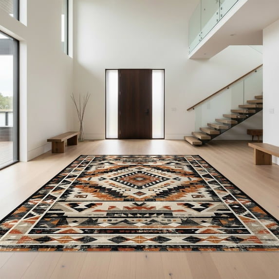 Design&I 5'x7' Washable Area Rug Round Abstract Tapete Geometric Circle Aztec Stepped Distressed for Small Living Room, Bedroom, Sleek Flatweave Pet Friendly & Non-Slip