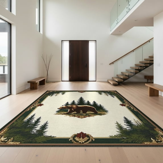 Design&I 5'x7' Washable Area Rug Sleek Flatweave Pet Friendly & Non-Slip Cabin Wildlife Sunset Forest Woodland Bathroom Medieval Print for Small Living Room, Bedroom
