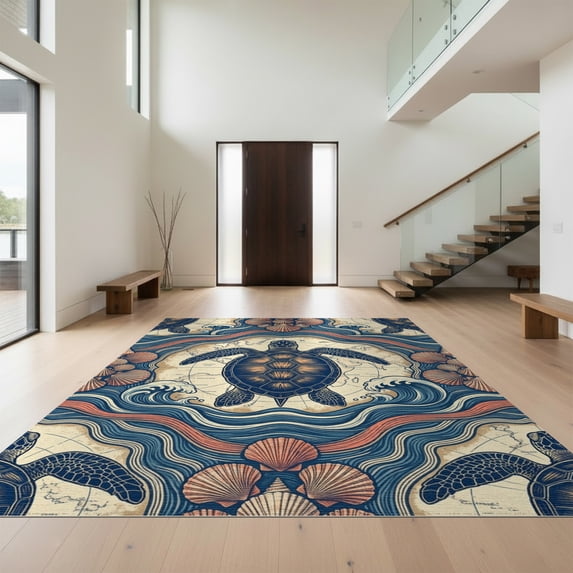 Design&I 5'x7' Washable Area Rug Sleek Flatweave Pet Friendly & Non-Slip Nautical Vintage Map Wave Seashell Ocean Themed Turtle Round Refined Structured for Small Living Room, Bedroom