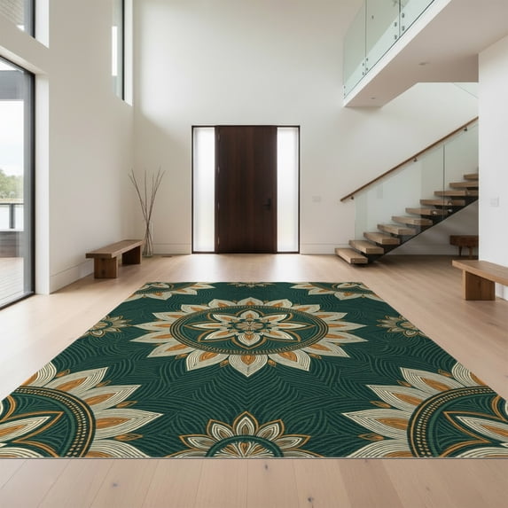 Design&I 5'x7' Washable Area Rug Sleek Flatweave Pet Friendly & Non-Slip Round Circle Geometric Interlocking Motifs Concentric Tiers Dining for Small Living Room, Bedroom