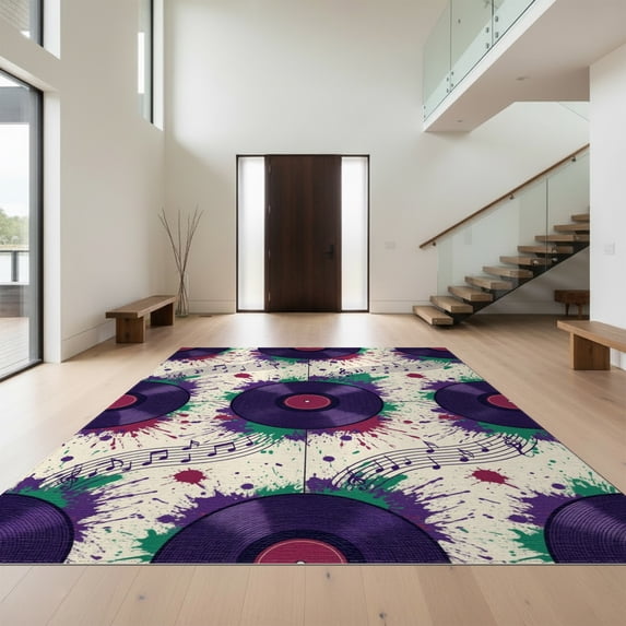 Design&I 5'x7' Washable Area Rug Sleek Flatweave Pet Friendly & Non-Slip Vinyl Music Mosaic Vibrant Abstract Splatter Paint Record Retro Refined for Small Living Room, Bedroom