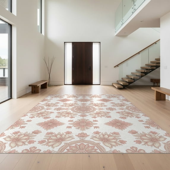 Design&I 5'x7' Washable Area Rug Snag-Free, Skid-Resistant Ivory Beige Scattered Botanical Weathered Classic Decorative Art for Dining Room, Under Table, Home Office