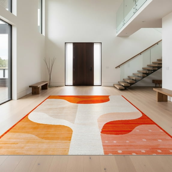 Design&I 5'x7' Washable Area Rug Snag-Free, Skid-Resistant Orange Funky Classroom Retro Waves Abstract Wavy Stripes with Asymmetrical Dots for Dining Room, Under Table, Home Office