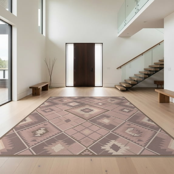 Design&I 5'x7' Washable Area Rug Snag-Free, Skid-Resistant Pink Blush Stepped Border Geometric Pastel Taupe Mauve Argyle for Dining Room, Under Table, Home Office