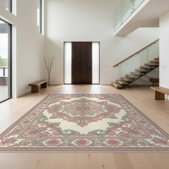 Design&I 5'x7' Washable Area Rug Snag-Free, Skid-Resistant Pink Faded Beige Interlocking Motifs Symmetrical Cream Sage Shack for Dining Room, Under Table, Home Office