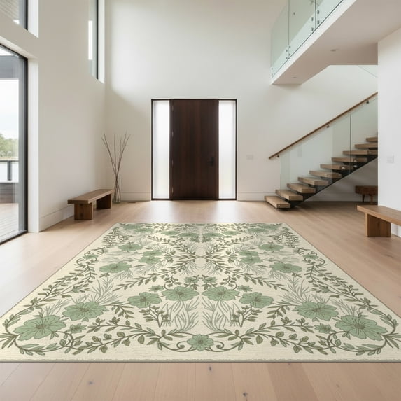 Design&I 5'x7' Washable Area Rug Snag-Free, Skid-Resistant Sage Cream Farmhouse Trailing Vine Delicate Sprigs Bathroom Waffle for Dining Room, Under Table, Home Office