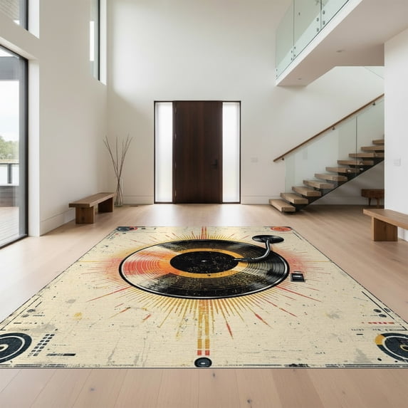 Design&I 5'x7' Washable Area Rug Snag-Free, Skid-Resistant Vintage Vinyl Record Turntable Motif Distressed Retro Aesthetic for Dining Room, Under Table, Home Office