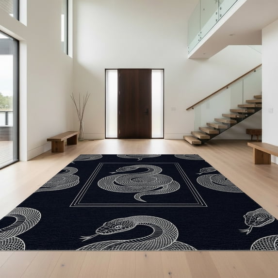 Design&I 5'x7' Washable Area Rug Snake Minimalist Coiled Serpent Centered Motif Boho Round Print Refined for Small Living Room, Bedroom, Sleek Flatweave Pet Friendly & Non-Slip