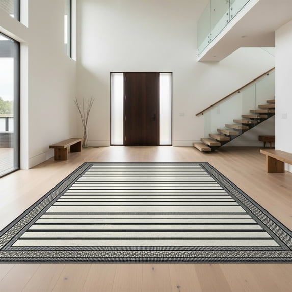 Design&I 5'x7' Washable Area Rug Striped Classic Checkered Border With Center Band Arrangement for Small Living Room, Bedroom, Sleek Flatweave Pet Friendly & Non-Slip