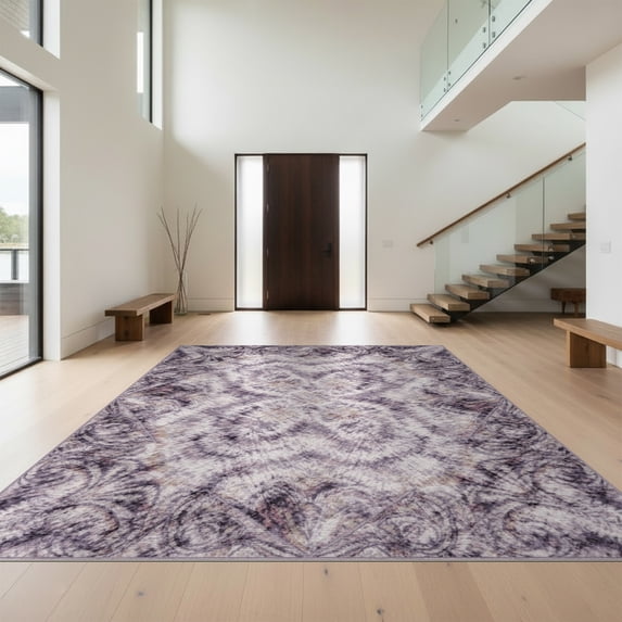 Design&I 5'x7' Washable Area Rug Tie Marbled Dye Cloudy Triangular Frame Gradient Swirl Purple for Dining Room, Under Table, Home Office, Snag-Free, Skid-Resistant