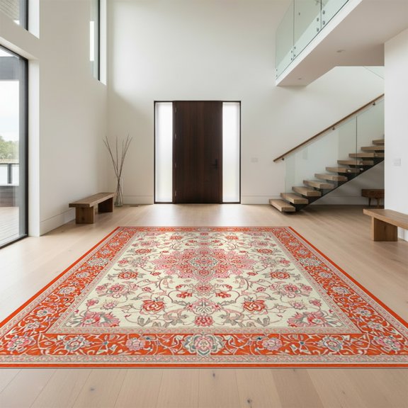 Design&I 5'x7' Washable Area Rug Vintage Scrolling Botanical Border Centered Distressed Scroll for Guest Room, Lounge, Apartment, Flatweave & Daily Traffic Ready