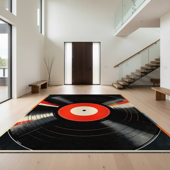 Design&I 5'x7' Washable Area Rug Vinyl Retro Record Music Disc Motif Concentric Groove Round Cd for Guest Room, Lounge, Apartment, Flatweave & Daily Traffic Ready