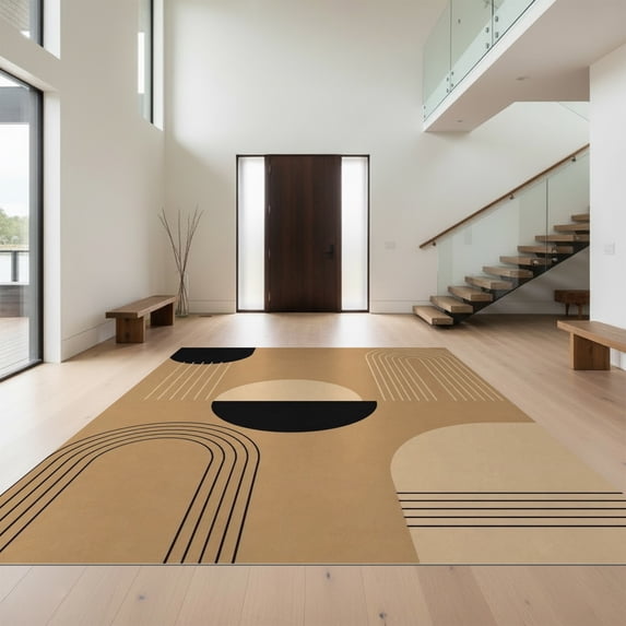 Design&I 6'x9' Ultra Soft Area Rug, Beige Black Geometric Arcs and Bold Circles Design Contemporary Art Inspired Fluffy Washable Non Shedding for Guest Room Bedroom Living Room
