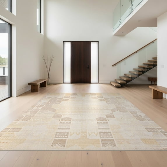 Design&I 6'x9' Ultra Soft Area Rug, Beige Neutral Abstract Arch Transitional Distressed Pile Tan None Fluffy Washable Non Shedding for Guest Room Bedroom Living Room