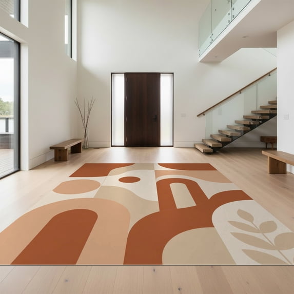 Design&I 6'x9' Ultra Soft Area Rug, Beige Terracotta Geometric Abstract Modern Curved Lines with Leaf Motif Fluffy Washable Non Shedding for Guest Room Bedroom Living Room