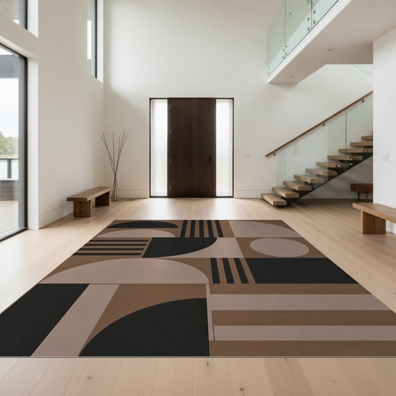 Design&I 6'x9' Ultra Soft Area Rug, Brown Black Geometric Balance Design Accent Contemporary Art Inspired Symmetrical Fluffy Washable Non Shedding for Guest Room Bedroom Living Room