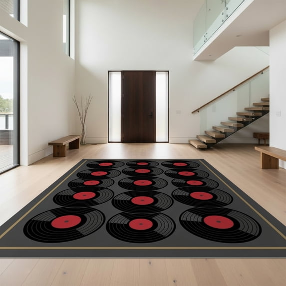 Design&I 6'x9' Ultra Soft Area Rug, Cd Vinyl Record Retro Disc Concentric Groove Border Soundwave Music Flowing None Fluffy Washable Non Shedding for Guest Room Bedroom Living Room