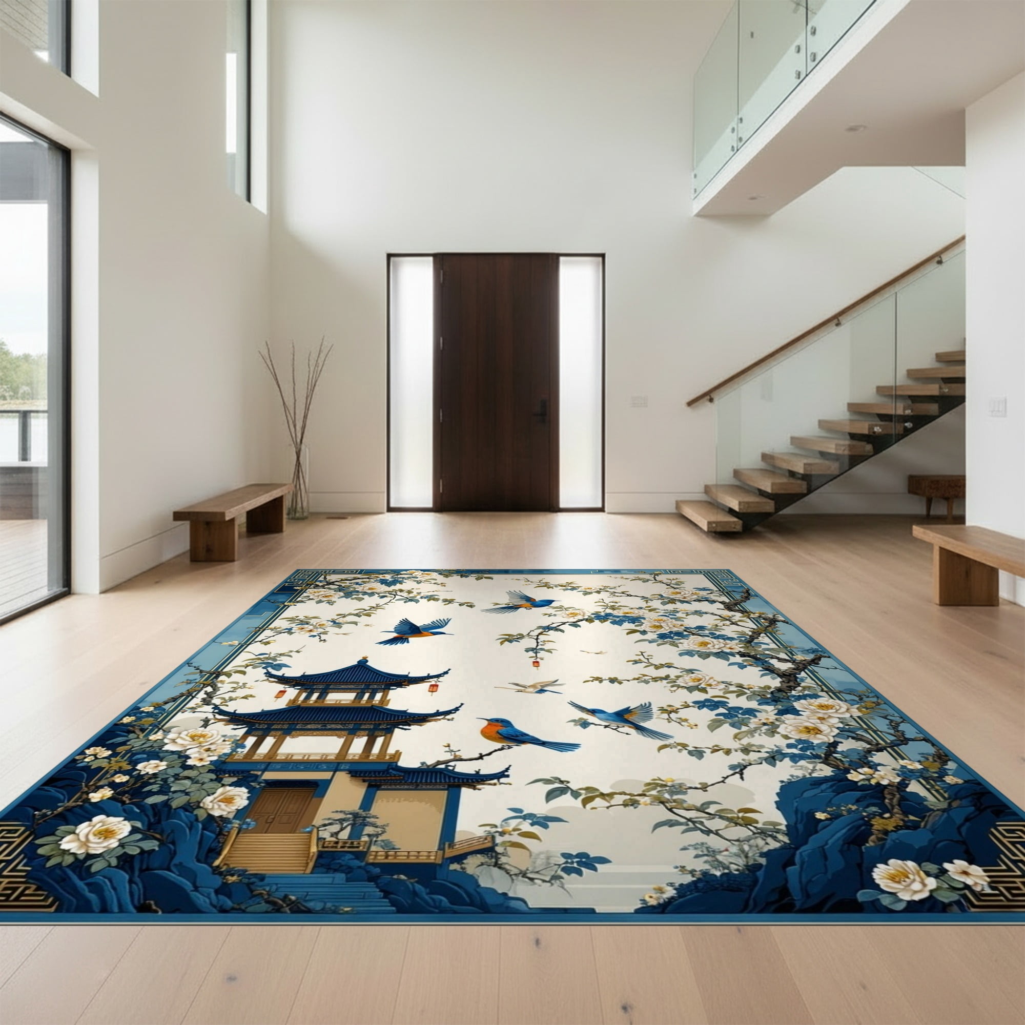 Design&I 6'x9' Ultra Soft Area Rug, Chinoiserie Botanical Floral Pagoda ...