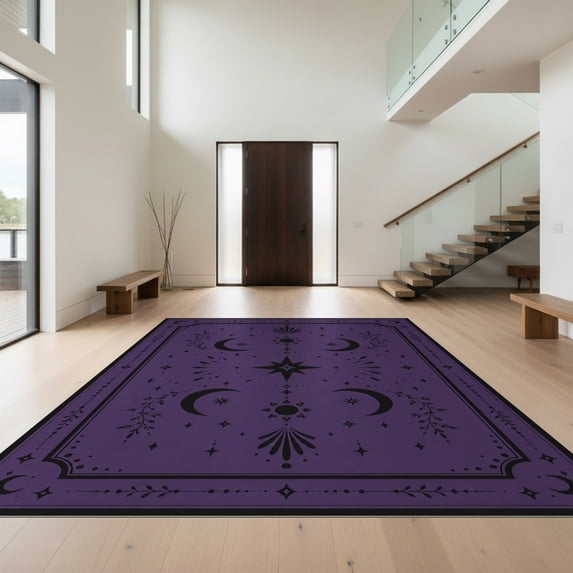 Design&I 6'x9' Ultra Soft Area Rug, Deep Purple Celestial Motif with Starry Accents Elegant Geometric Borders and Symmetrical Fluffy Washable Non Shedding for Guest Room Bedroom Living Room