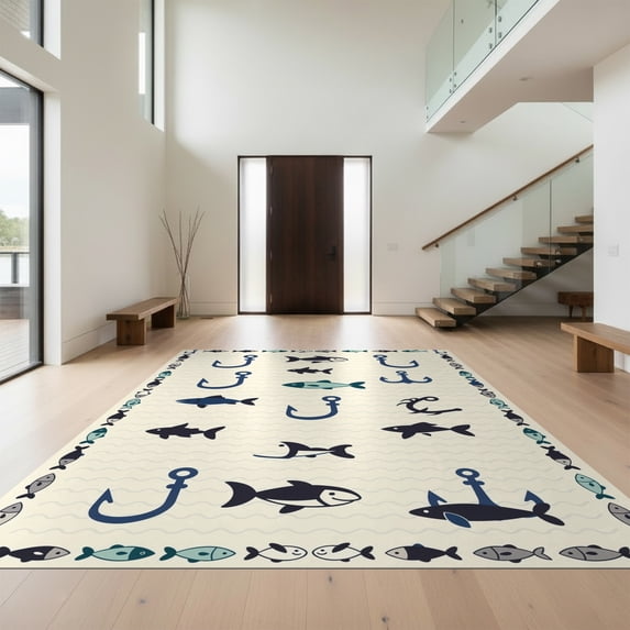 Design&I 6'x9' Ultra Soft Area Rug, Fish Cobalt Fishing Hooks Creatures Bubble Dots Symmetrical Hunting None Fluffy Washable Non Shedding for Guest Room Bedroom Living Room