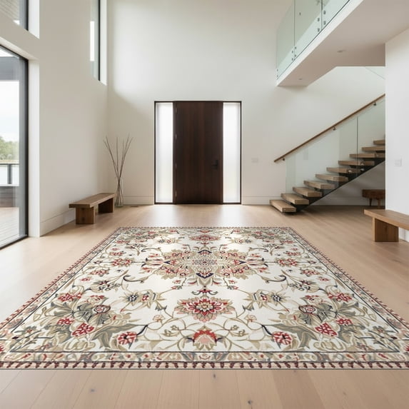Design&I 6'x9' Ultra Soft Area Rug, Neutral Symmetrical Beige Boho Cream Pile Vine Delicate Botanical None Fluffy Washable Non Shedding for Guest Room Bedroom Living Room