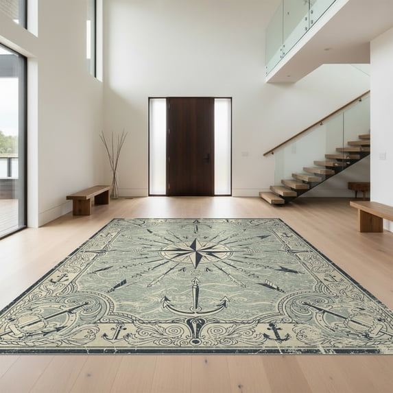 Design&I 6'x9' Ultra Soft Area Rug, Ocean Compass Medallion With Distressed Nautical Star Accents Vintage Flowing None Fluffy Washable Non Shedding for Guest Room Bedroom Living Room