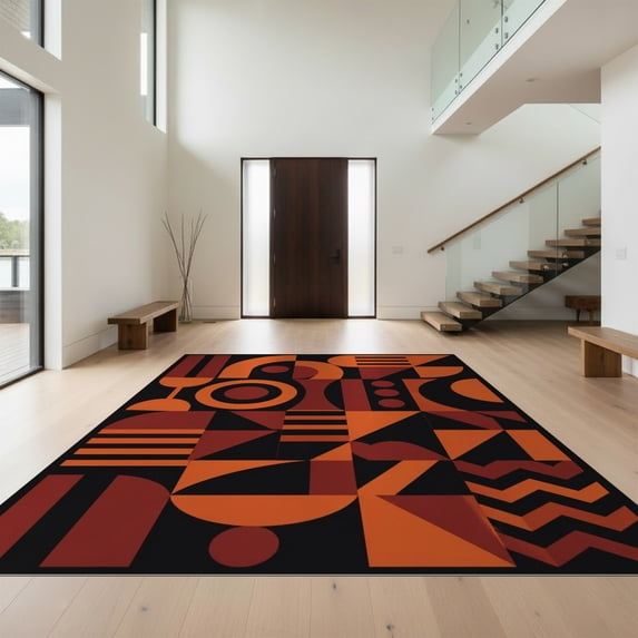 Design&I 6'x9' Ultra Soft Area Rug, Orange Black Geometric Art Bold Abstract Shapes with Modern Flair Fluffy Washable Non Shedding for Guest Room Bedroom Living Room