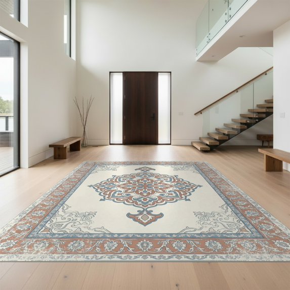 Design&I 6'x9' Ultra Soft Area Rug, Ornate Scrollwork Scroll Boho Bordered Vintage Distressed Border Playful None Fluffy Washable Non Shedding for Guest Room Bedroom Living Room