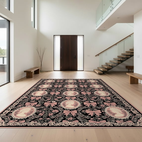 Design&I 6'x9' Ultra Soft Area Rug, Pink Black Cottagecore Lace Inspired Corner Curls Ribbon Design None Fluffy Washable Non Shedding for Guest Room Bedroom Living Room