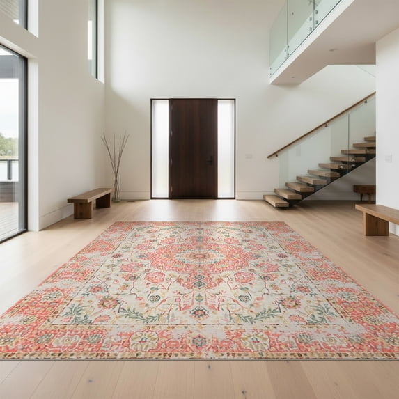 Design&I 6'x9' Ultra Soft Area Rug, Pink Boho Vintage Farmhouse Distressed Trellis Border Scroll None Fluffy Washable Non Shedding for Guest Room Bedroom Living Room