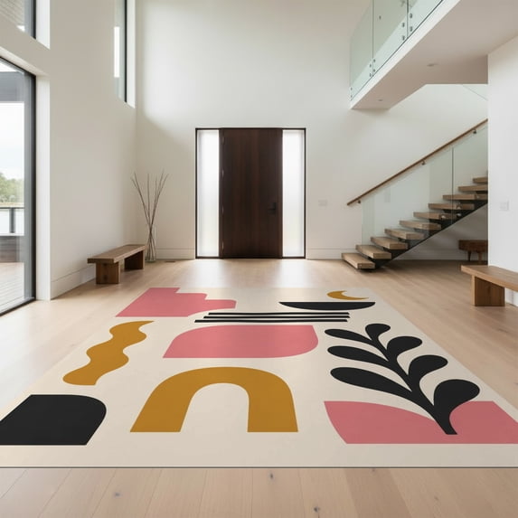 Design&I 6'x9' Ultra Soft Area Rug, Pink and Mustard Abstract Shapes Modern Geometric Design with Bold Motifs Fluffy Washable Non Shedding for Guest Room Bedroom Living Room