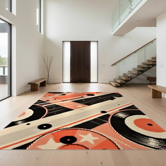 Design&I 6'x9' Ultra Soft Area Rug, Record Vintage Music Disc Guitar Striped Musical Instrument Cd None Fluffy Washable Non Shedding for Guest Room Bedroom Living Room