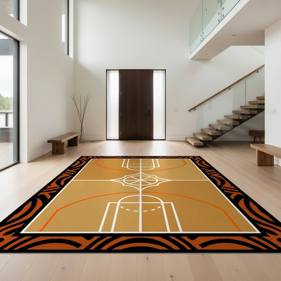 Design&I 6'x9' Ultra Soft Area Rug, Tan Warm Honey Basketball Design Dynamic Court Motif with Bold Border Fluffy Washable Non Shedding for Guest Room Bedroom Living Room